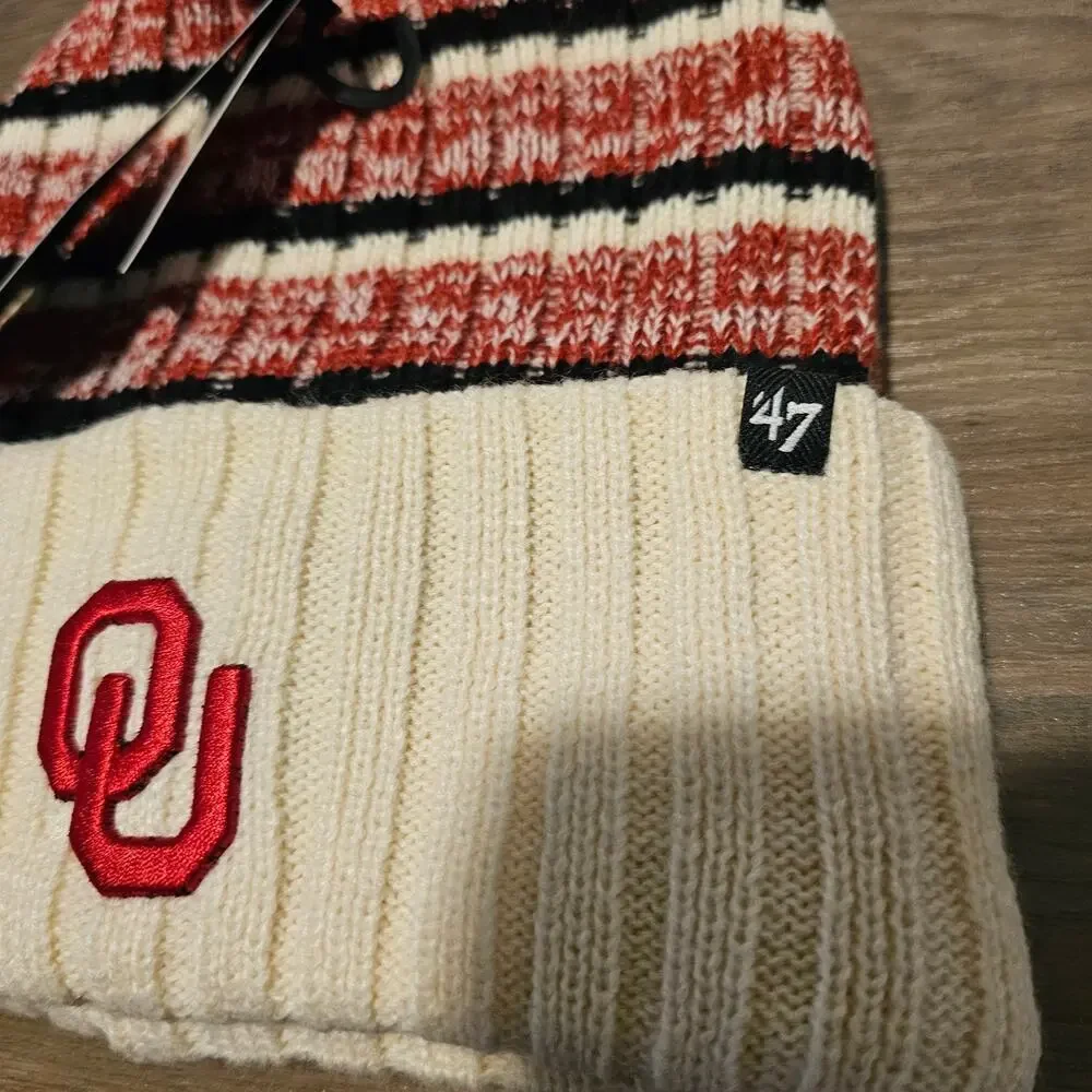 47 University of Oklahoma Sooners Beanie Hat Red OU Cuffed Ribbed Pom Pom Knit B